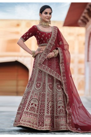 Maroon velvet embroidered bridal lehenga choli 8125