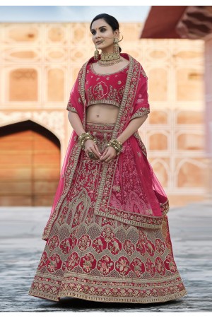 Pink velvet embroidered bridal lehenga choli 8122