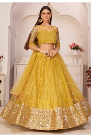 Yellow net embroidered lehenga choli 9775