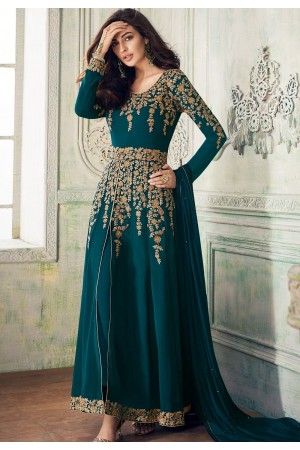 blue shade georgette embroidered front slit trouser style suit 8204