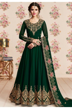 dark green georgette embroidered long anarkali suit 8185