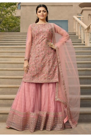 drashti dhami pink net heavy embroidered palazzo style suit 3802