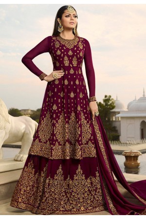 drashti dhami wine georgette embroidered lehenga style suit 3805