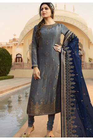 grey jacquard embroidered straight churidar suit 3704