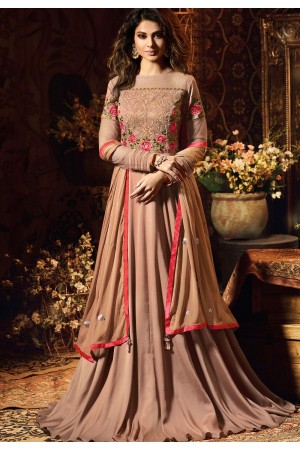 jennifer winget peach satin silk embroidered floor length gown style suit 11034