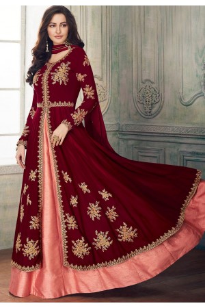 maroon pink georgette embroidered front slit anarkali suit 8205