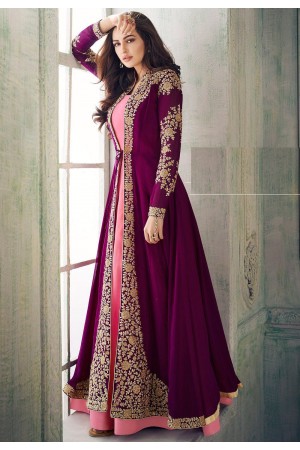 purple pink georgette embroidered jacket style suit 8203