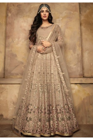 sonal chauhan beige net heavy embroidered long anarkali suit 7205