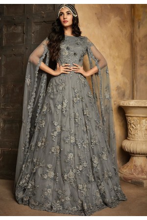 sonal chauhan grey net heavy embroidered floor length anarkali suit 7206