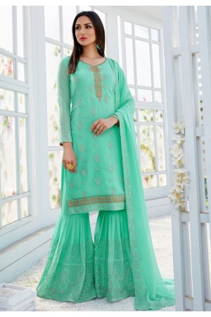 turquoise georgette straight sharara style suit 502