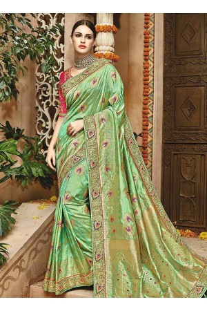 Fresh green pink pure banarasi silk wedding saree 1202