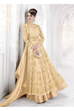 Cream color net party wear anarkali