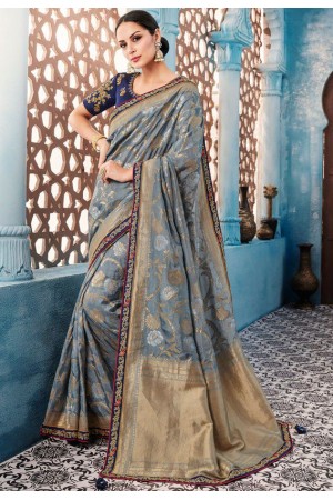 Grey color Indian wedding wear silk saree 7004
