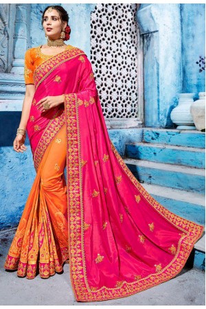 Orange and pink color silk Indian wedding wear saree 1108