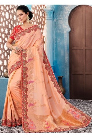 Peach color Indian wedding wear silk saree 7002