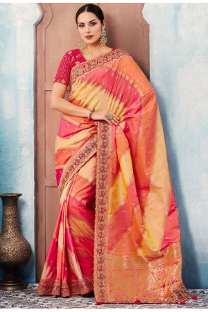 Pink yellow checked Indian wedding wear silk saree 7006