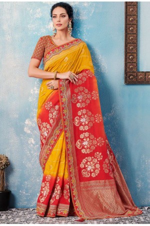 Red and yellow Indian wedding wear silk saree 7007
