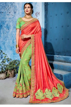 Salmon green color silk Indian wedding wear saree 1109