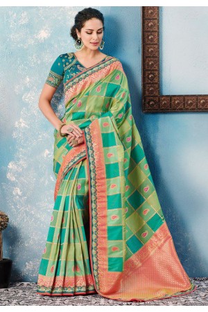 Teal rama green checked Indian wedding wear silk saree 7005