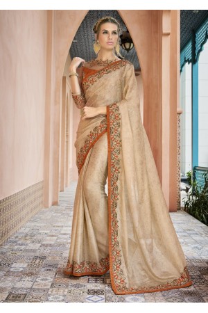 Beige Colored Border Worked Georgette Jacquard Partywear Saree 1803