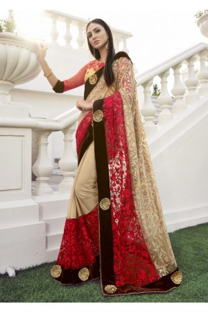 Beige Georgette Chiffon Traditional Embroidered Saree 1404