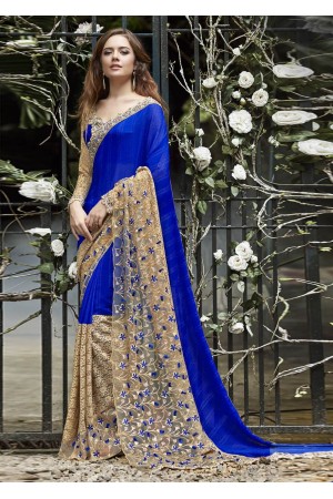 Blue Colored Embroidered Faux Georgette Festive Saree 96074