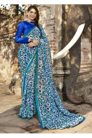 Blue Colored Printed Faux Georgette Saree 2006