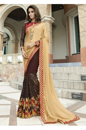 Brown Colored Embroidered Chiffon Georgette Net Partywear Saree 97067