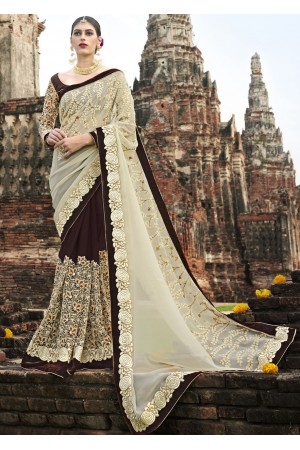 Brown Colored Embroidered Chiffon Net Partywear Saree 1039