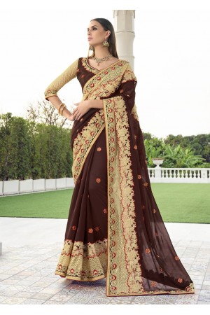 Brown Colored Embroidered Faux Georgette Net Festive Saree 1402