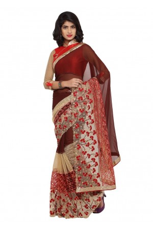 Brown Colored Embroidered Faux Georgette Net Saree 96056
