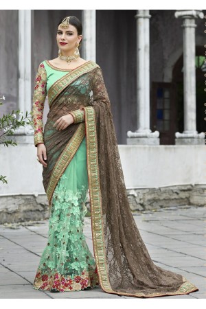 Green Colored Embroidered Brasso Net Partywear Saree 1042
