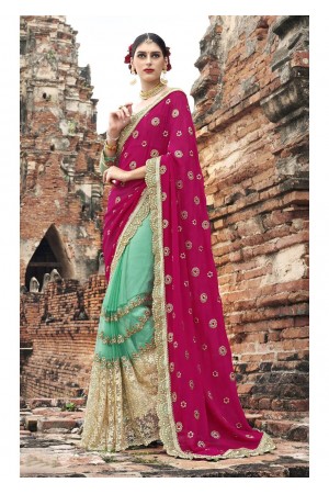 Green Colored Embroidered Crape Net Partywear Saree 1037