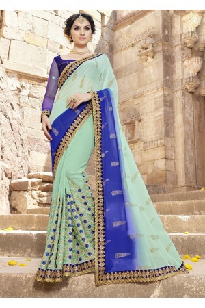 Green Colored Embroidered Faux Georgette Festive Saree 87096