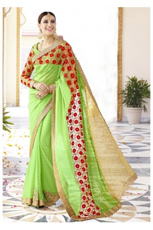 Green Colored Embroidered Faux Georgette Festive Saree 96054
