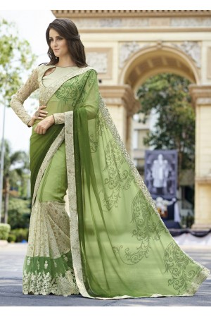 Green Colored Embroidered Georgette Lycra Net Festive Saree 97062
