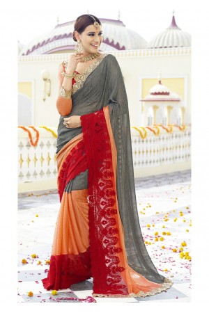 Grey Colored Embroidered Faux Georgette Festive Saree 96064