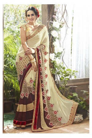 Off White Colored Embroidered Faux Georgette Partywear Saree 87059