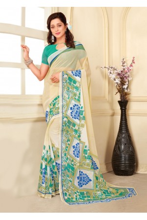 Off White Colored Printed Faux Georgette Saree 89009