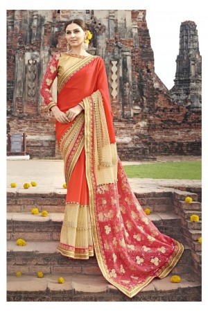 Orange Colored Border Worked Faux Georgette Partywear Saree 87079