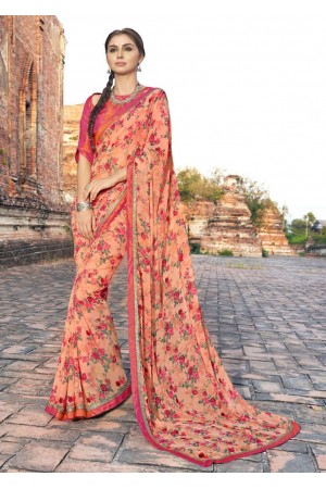 Orange Colored Printed Faux Georgette Saree 2009