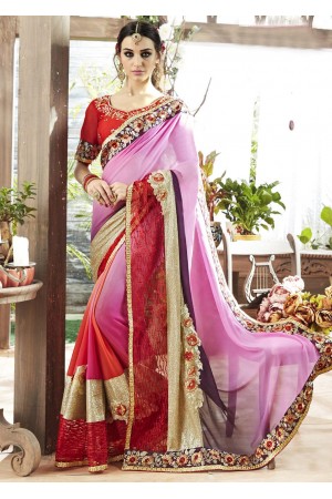 Pink Colored Border Worked Faux Georgette Festive Saree 87069