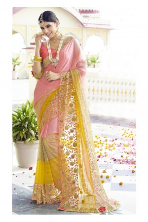 Pink Colored Embroidered Faux Georgette Net Partywear Saree 96053