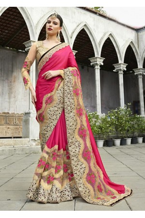Pink Colored Embroidered Satin Net Wedding Saree 1047