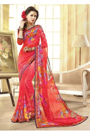 Pink Colored Printed Faux Georgette Saree 75041