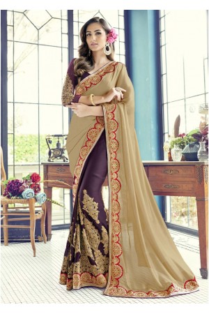 Purple Colored Embroidered Faux Georgette Partywear Half n Half Saree 1502