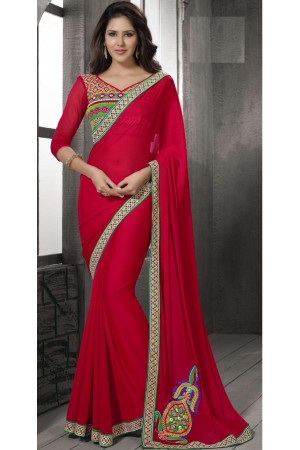 Red Color Border Worked Chiffon Saree 40007
