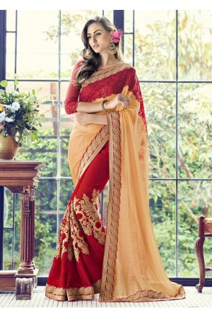 Red Colored Embroidered Faux Georgette Partywear Half n Half Saree 1503