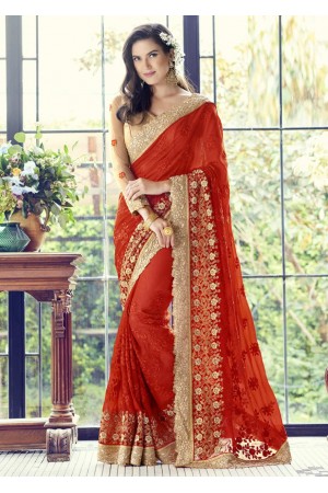 Red Colored Embroidered Faux Georgette Partywear Saree 1505