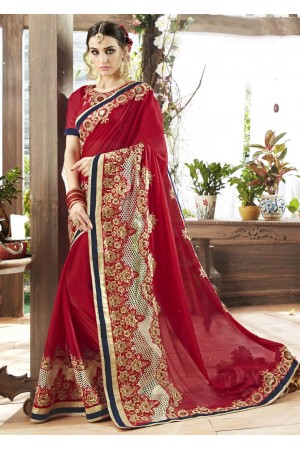Red Colored Embroidered Georgette Satin Partywear Saree 87067